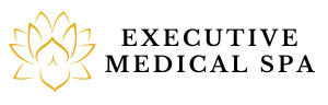 Executive Medical logo in Cool- Vetica font, with a heart and plus sign in a red square